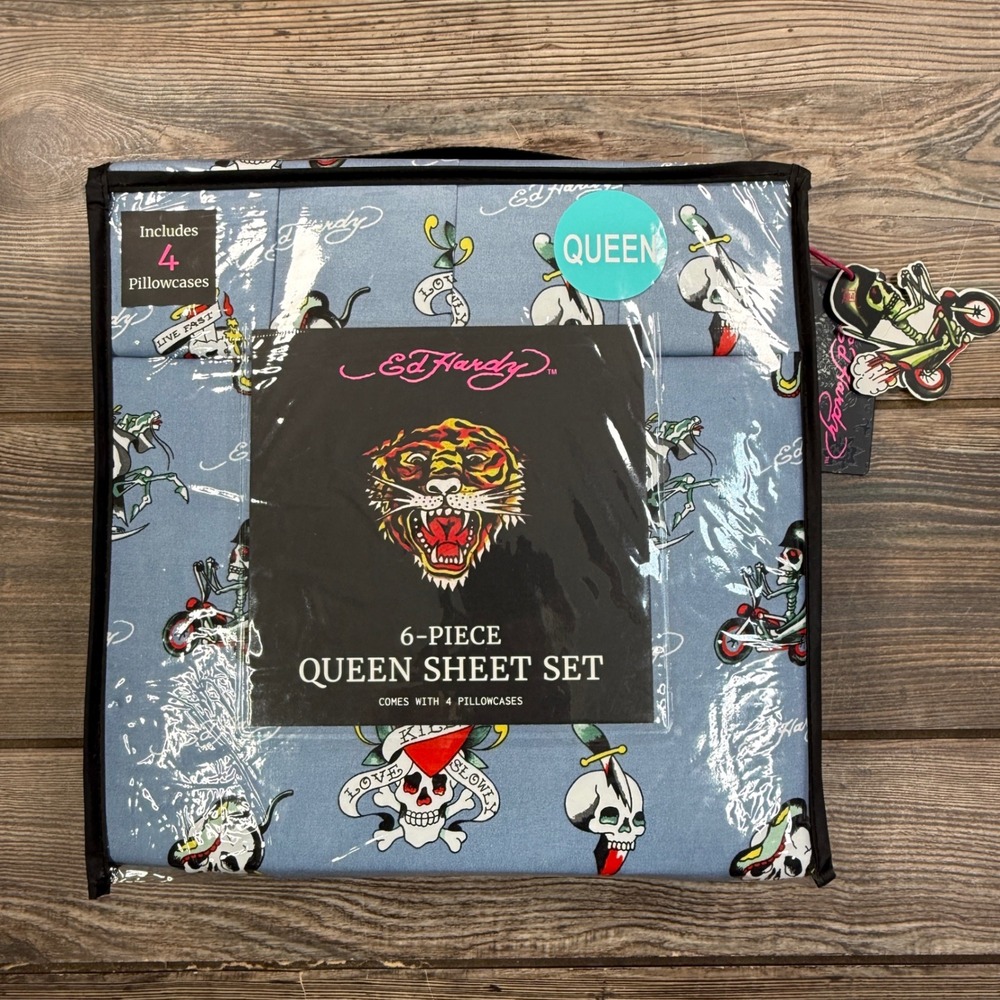 Ed Hardy Queen Sheet Set 6 Piece Blue Tattoo Print Skulls‎ Dagger New